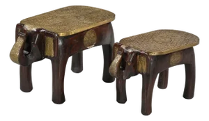 1960s Hand Carved Elephant Footstools Set of 2 | Hammered Brass Inlay Mango Wood Bench | Unique Indian Animal Ottoman | Living Room Accent Table