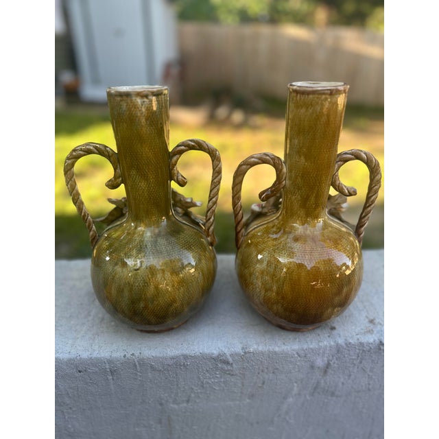 Art Nouveau Pair of Antique French Art Nouveau Barbotine Majolica Vases With Applied Flowers For Sale - Image 3 of 12
