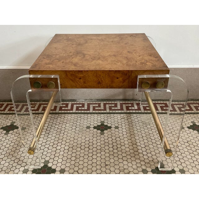 Milo Baughman 1970s Burl + Lucite Side Table in Manner of Milo Baughman For Sale - Image 4 of 12