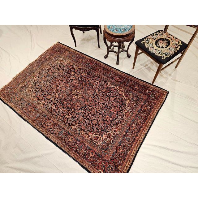 Vintage Persian Kashan Area Rug, Handwoven Floral Pattern, Navy & Blue, 5’ X 7’ For Sale In Chicago - Image 6 of 12