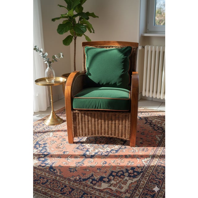 Exceptional pair of "Ocean Liner" club chairs in woven rattan and solid wood (likely mahogany), colonial/Art Deco style,...