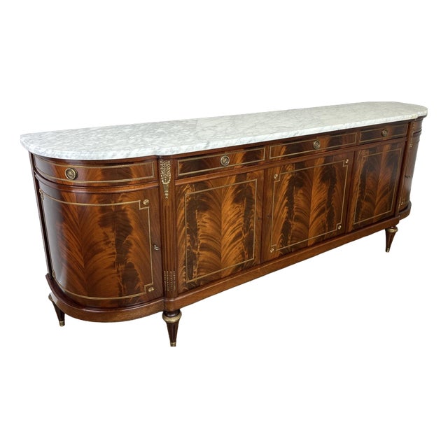 Vintage French Empire Carved Burr Inlay Sideboard with Marble Top For Sale