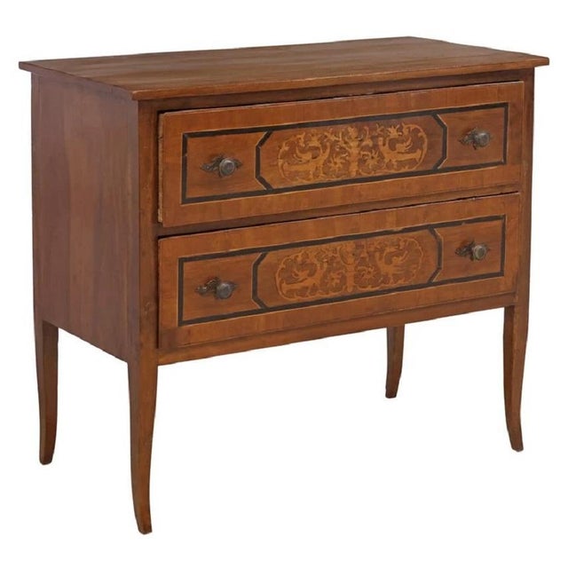 Italian Neoclassical commode, 19th c., two banded drawers with faux marquetry inlay, on tapering legs