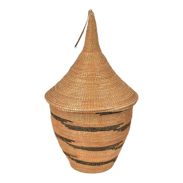 Early 20th Century Tutsi Lidded Handwoven Basket 7.5 Inch Rwanda For Sale