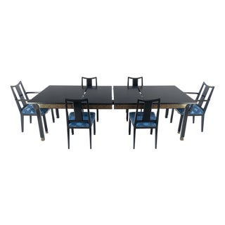 Black Lacquer Gold Ornament Decorated 6 Chairs 2 Leaves Dining Table Set MINT! For Sale