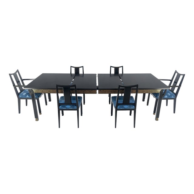 Black Lacquer Gold Ornament Decorated 6 Chairs 2 Leaves Dining Table Set MINT! For Sale