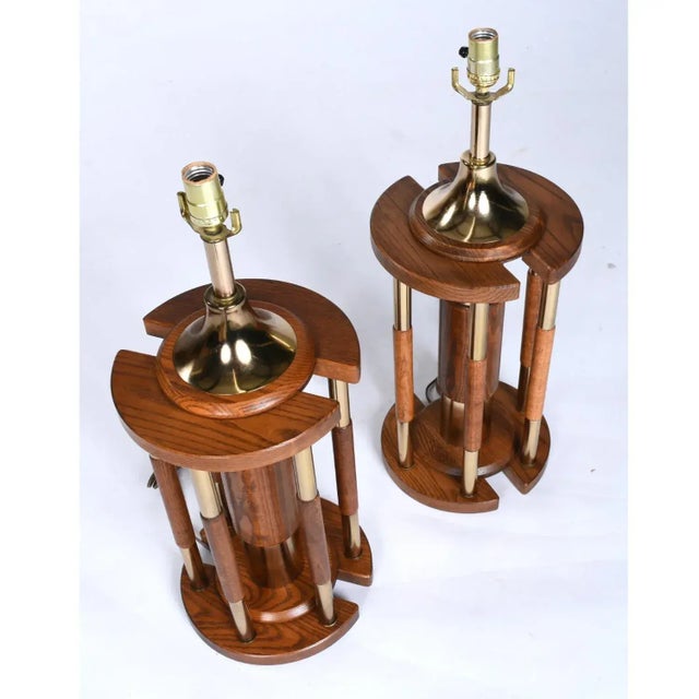 Brown Pair Post Modern Gold Brass and Oak Wood Large Table Lamps For Sale - Image 8 of 10