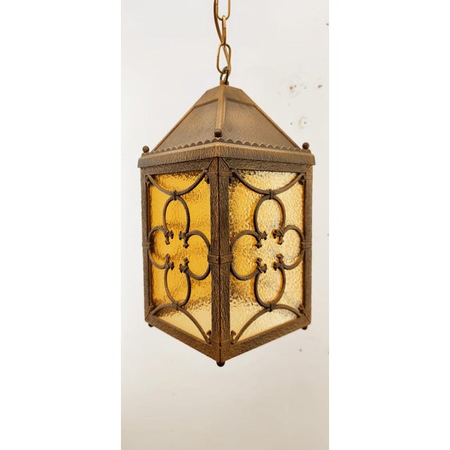 Brass Lantern Hanging Light in Amber Glass For Sale - Image 4 of 14