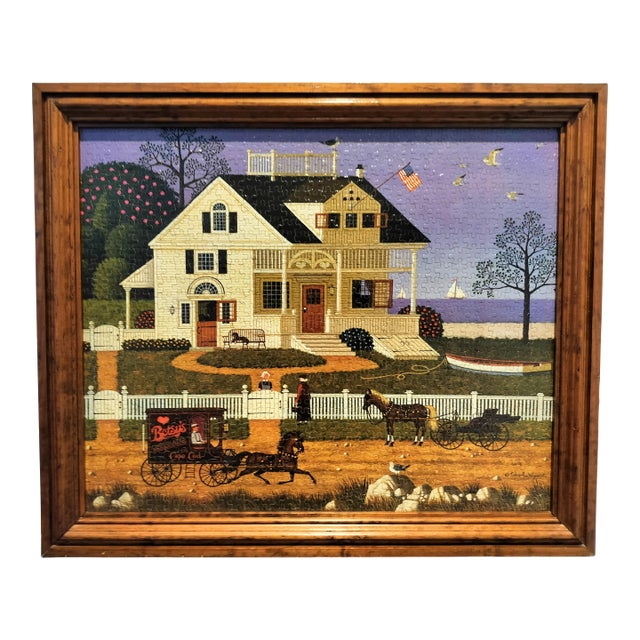 Vintage Framed Charles Wysocki Americana Puzzle Cape Cod Style House For Sale