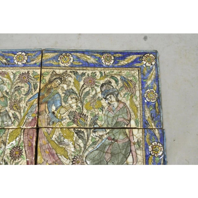 Antique Persian Iznik Qajar Style Ceramic Pottery Tile Mosaic Woman & Servant C7 For Sale - Image 4 of 11