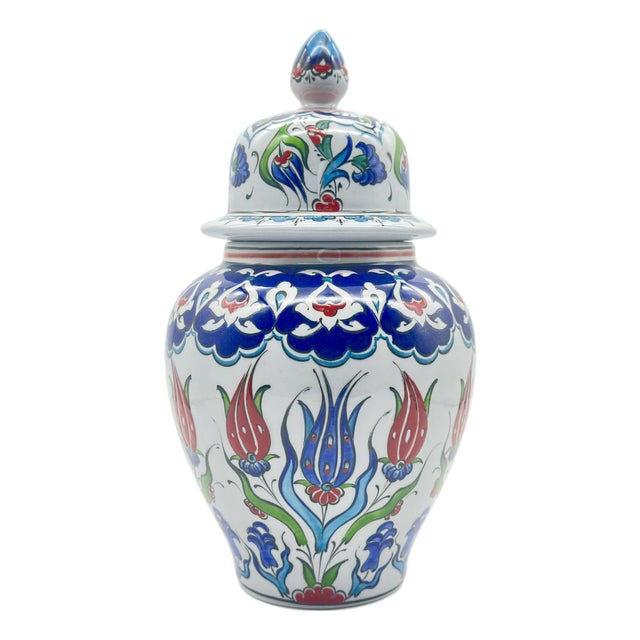 Handmade Ceramic Small Lidded Vase (20cm) – “Küpecik” Form with Colorful Tulips – Elegant Tabletop Accent For Sale