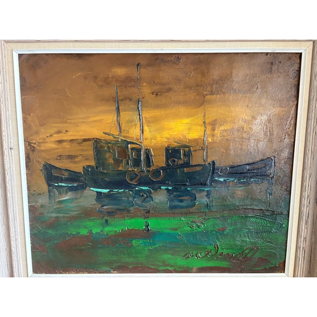 Gold 1950s Mid-Century Framed Impressionistic Marine Painting For Sale - Image 8 of 9