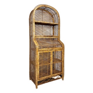 Vintage Woven Wicker Etagere Cabinet Hutch For Sale