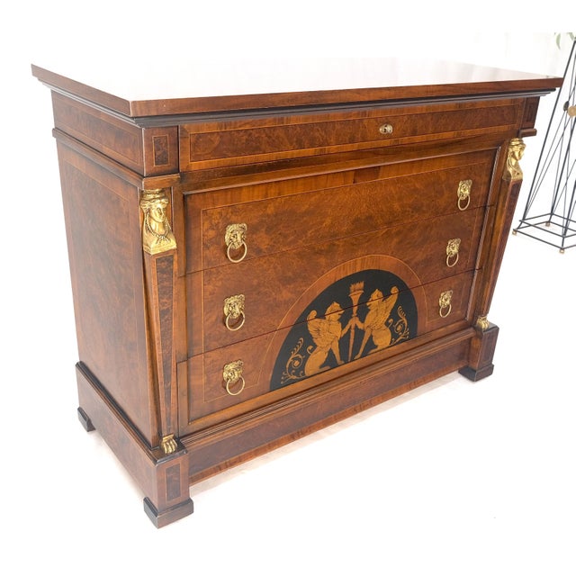 Neoclassical Bronze Mounts & Pulls Burl Wood Inlay Neoclassical 4 Drawers 48" Dresser MINT! For Sale - Image 3 of 14