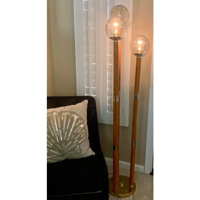70s Mid-Century 3-Globe Oak & Brass Floor Lamp For Sale - Image 9 of 10