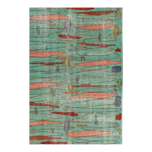 Vintage Rug in Abstract Modern Design in Light Teal Background by Keivan Woven Arts For Sale