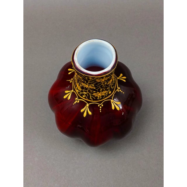 Mid 20th Century Bohemian Ox Blood Red Floral Gilded Cased Art Glass Vase For Sale In Miami - Image 6 of 8