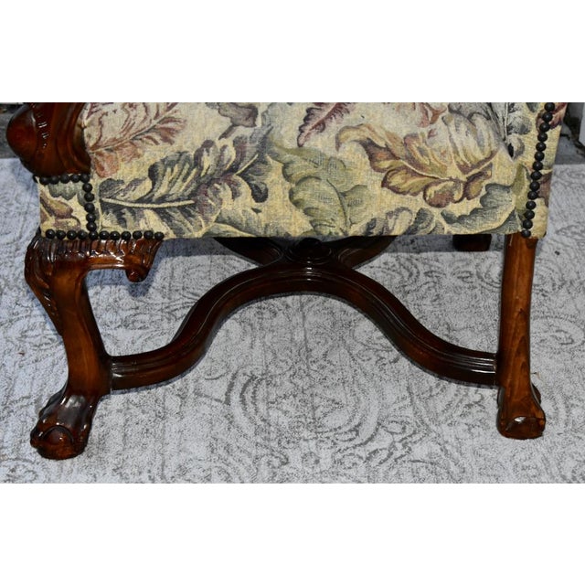 Brown 1950s Renaissance Revival Armchair High Back Carved Floral Tapestry For Sale - Image 8 of 13