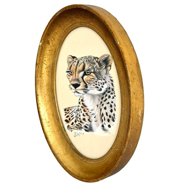 Realism Original Hand-Painted Portrait Cheetah Painting in a Vintage Italian Oval Frame For Sale - Image 3 of 5