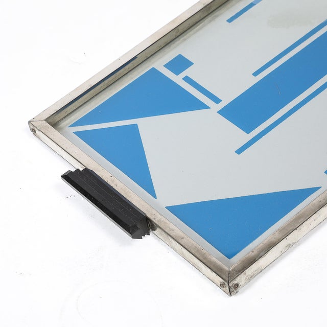 Art Deco Reverse Eglomise Blue & White Geometric Motif in Nickel & Bakelite Tray For Sale - Image 4 of 12