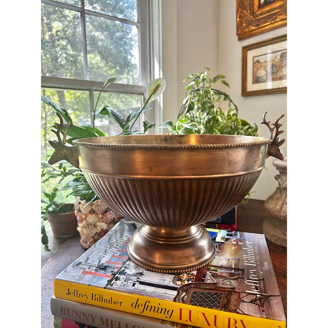 Vintage Antique Finish Brass 12.5” Pedestal Centerpiece Bowl With Stag Deer Head Handles For Sale - Image 4 of 11
