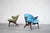 A Pair of Easy Chairs in petrol and green design by Carl Edward Matthes in teak wood. The Chairs are completely restored...