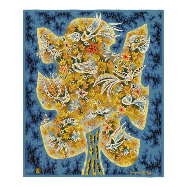 Signed Vintage Jacques Potin Tapestry “Le Petit Rappel Des Oiseaux” Rug & Kilim For Sale