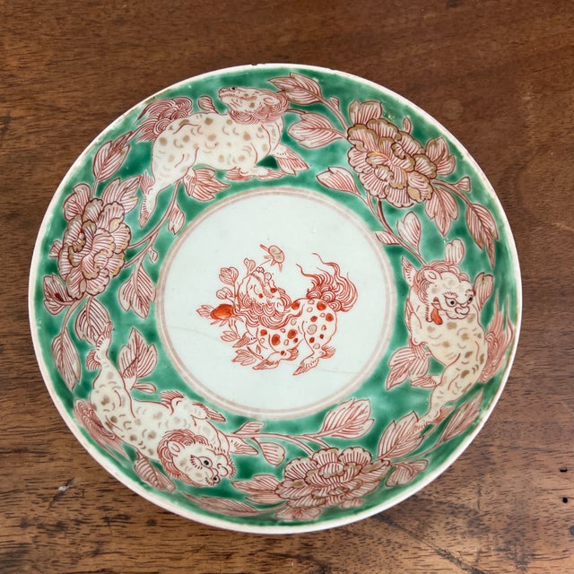 Antique Chinese Export Porcelain Dragon Lion Bowl With Old Staple Repair For Sale - Image 4 of 5