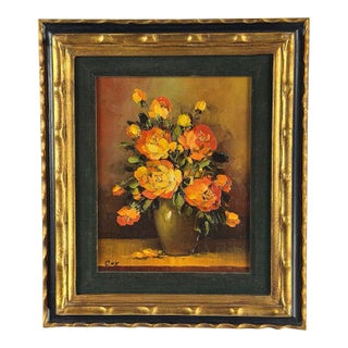Vintage Signed Floral Still Life Painting, Cox- Yellow and Orange Roses in Gold-Toned Frame For Sale