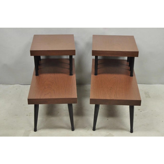 Mid-Century Modern Vintage Mid Century Modern Two Tier Step Walnut Laminate Spindle End Table, Pair For Sale - Image 3 of 15