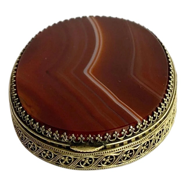 Scottish Brass Filigree Mirrored Agate Pill or Trinket Box For Sale