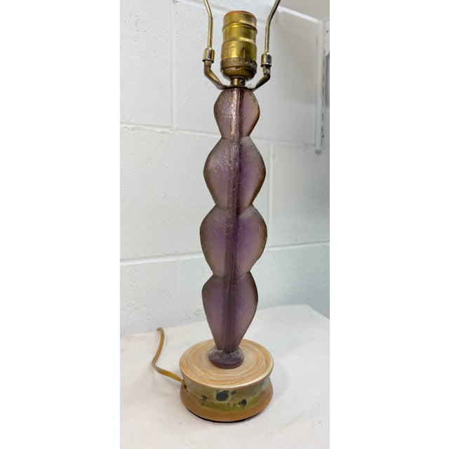 Ceramic Rare Vintage Handmade MCM Purple Lucite and Pottery Base Electric Table Lamp For Sale - Image 7 of 12