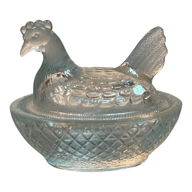 Vintage Glass Chicken Hen on Nest Salt Cellar Miniature Dish For Sale