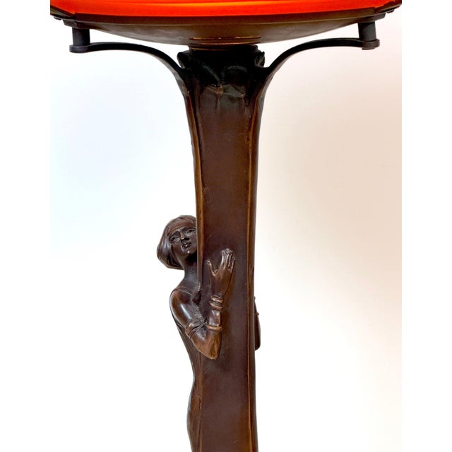 Art Nouveau Style Figural Bronze Lamp Loetz Style Orange Art Glass Shade, 20th C For Sale - Image 10 of 18