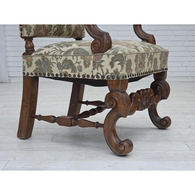 Scandinavian Highback Armchair in Patterned Fabric and Hand-Carved Oak, 1950s For Sale - Image 4 of 18