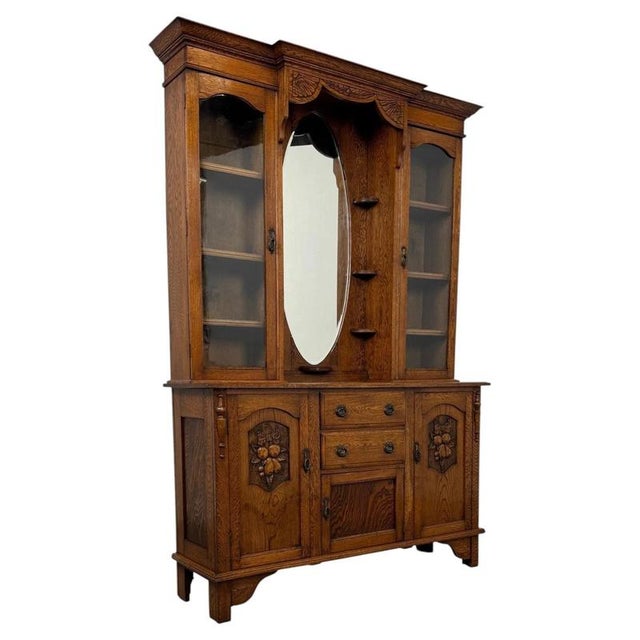 Metal Early 20th Century English Art Nouveau Oak Dresser with Bevelled Mirror For Sale - Image 7 of 14