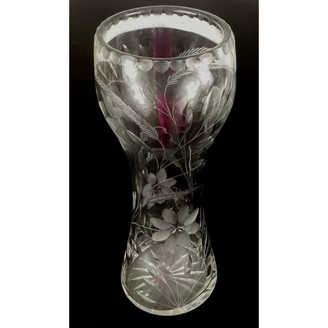 Contemporary, large cut glass vase Cut all around with flower sprigs
