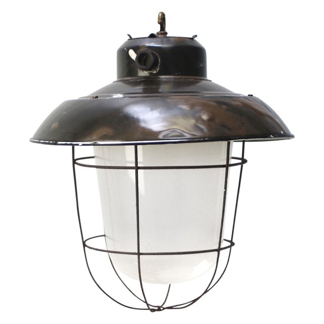 Glass Vintage Industrial Black Enamel and Frosted Glass Pendant Light For Sale - Image 7 of 7