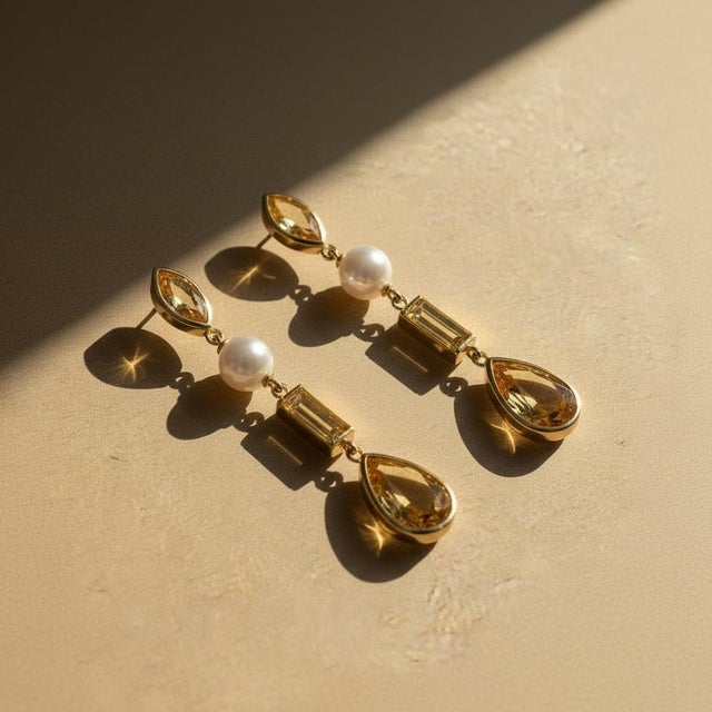 Not Yet Made - Made To Order Citrine & Pearl Drop Earrings Studs, Silver, Gold, Pair For Sale - Image 5 of 7