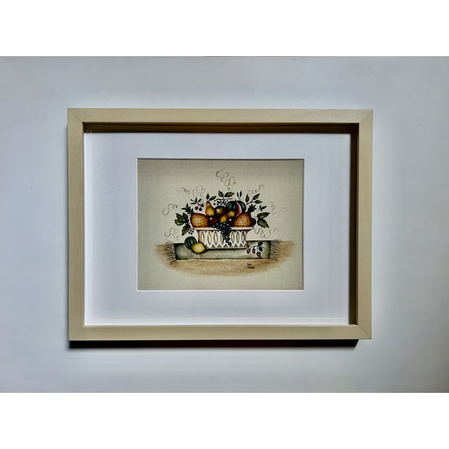 Mid Century Jane Henry Cream Velvet Framed Theorem Painting with Fruit Filled Vessel. Featuring a (9x7) mounted...