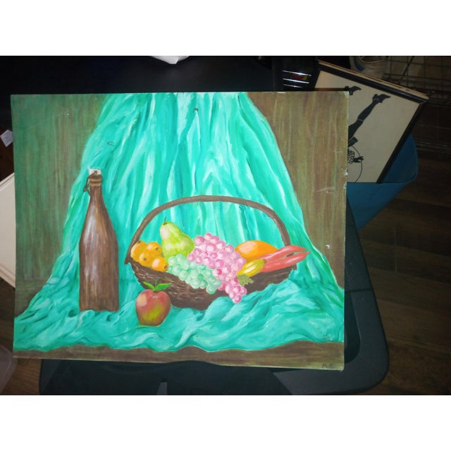 Mid-Century Modern Original 1968 Danish Modern Still Life Oil Painting by Montez - Vintage Fruit & Bottle For Sale - Image 3 of 3