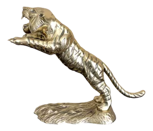 Vintage Polished Brass Leaping Tiger Statue