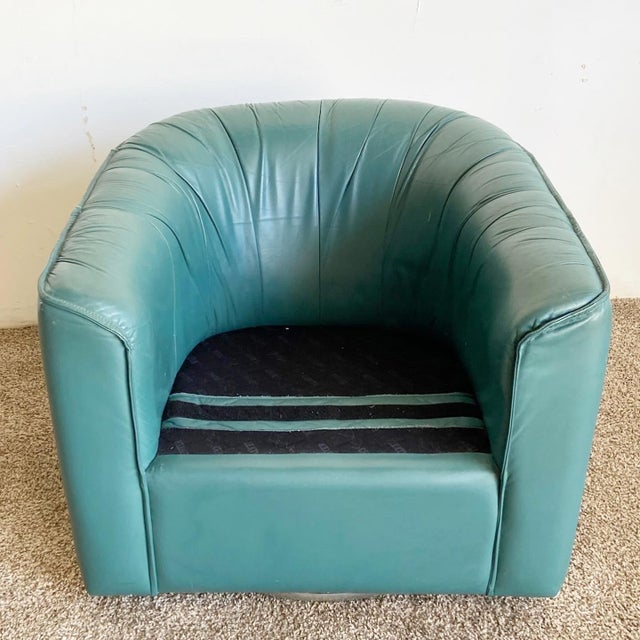 Postmodern Teal Leather Swivel Barrell Chair Chairish