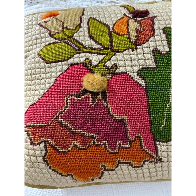 Vintage Handmade Needlepoint Pillow Wool Back to Velvet Floral For Sale - Image 4 of 12