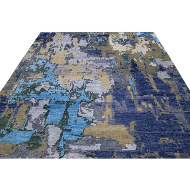 Indian Modern Abstract Indian Handmade Blue Wool and Silk Rug For Sale - Image 3 of 11