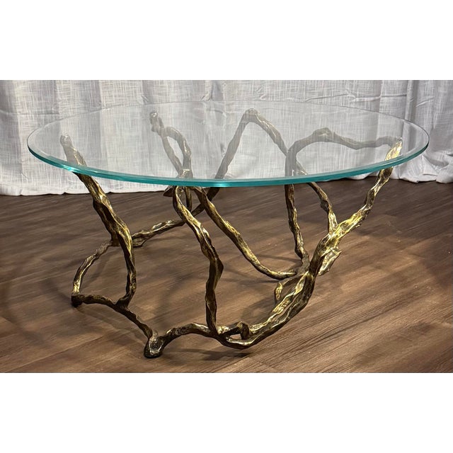 2020s Studio a by Global Views Twistwood Cocktail Table – Antique Brass W/ Glass Top For Sale - Image 5 of 9