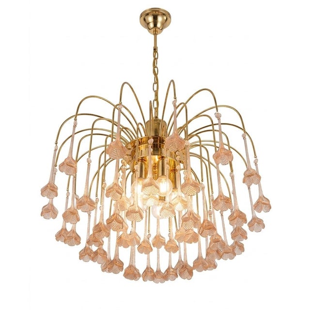 Vintage Gold Rain Chandelier with Handmade Murano Glass Pink Flowers, Italy, 1960 For Sale - Image 11 of 16