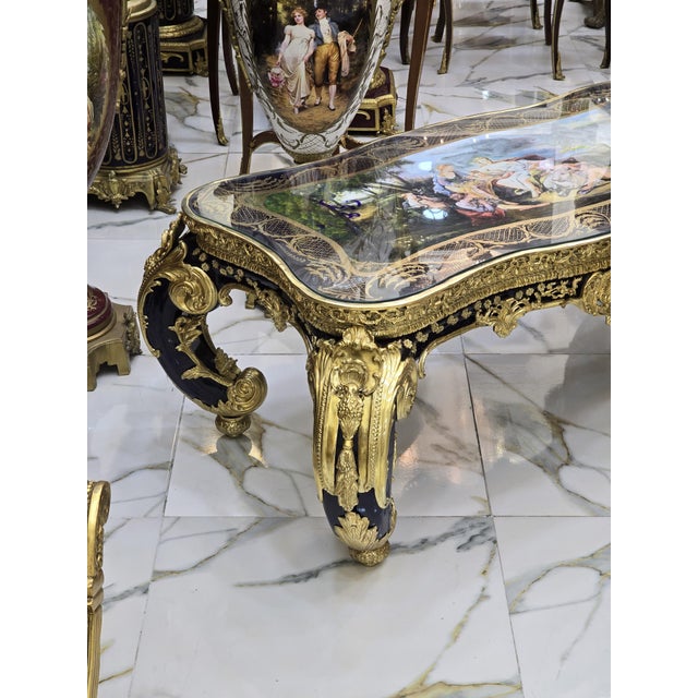 French Rococo Coffee Table With Hand-Painted Artwork Under Glass & Gilded Bronze Details For Sale In Miami - Image 6 of 11