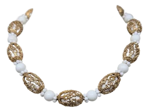 Vintage 1950s Signed Napier Goldtone Filigree White Beaded Necklace