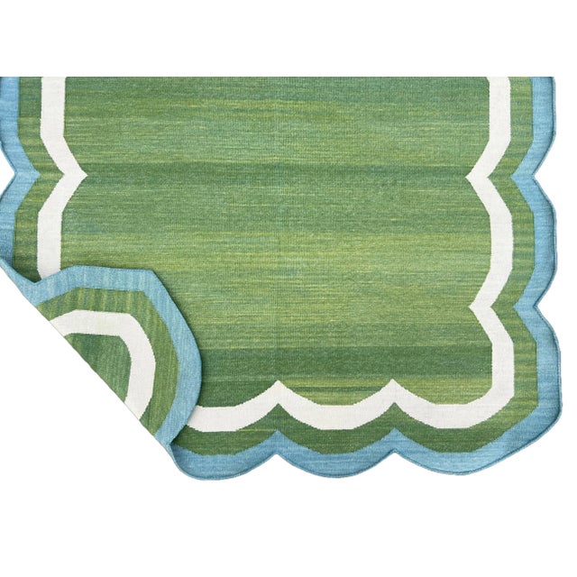 Casa Cosima Handmade Cotton Area Rug, Flat Weave Moss Green Scalloped Dhurrie Teal Blue Border - 5'x7' For Sale - Image 4 of 10